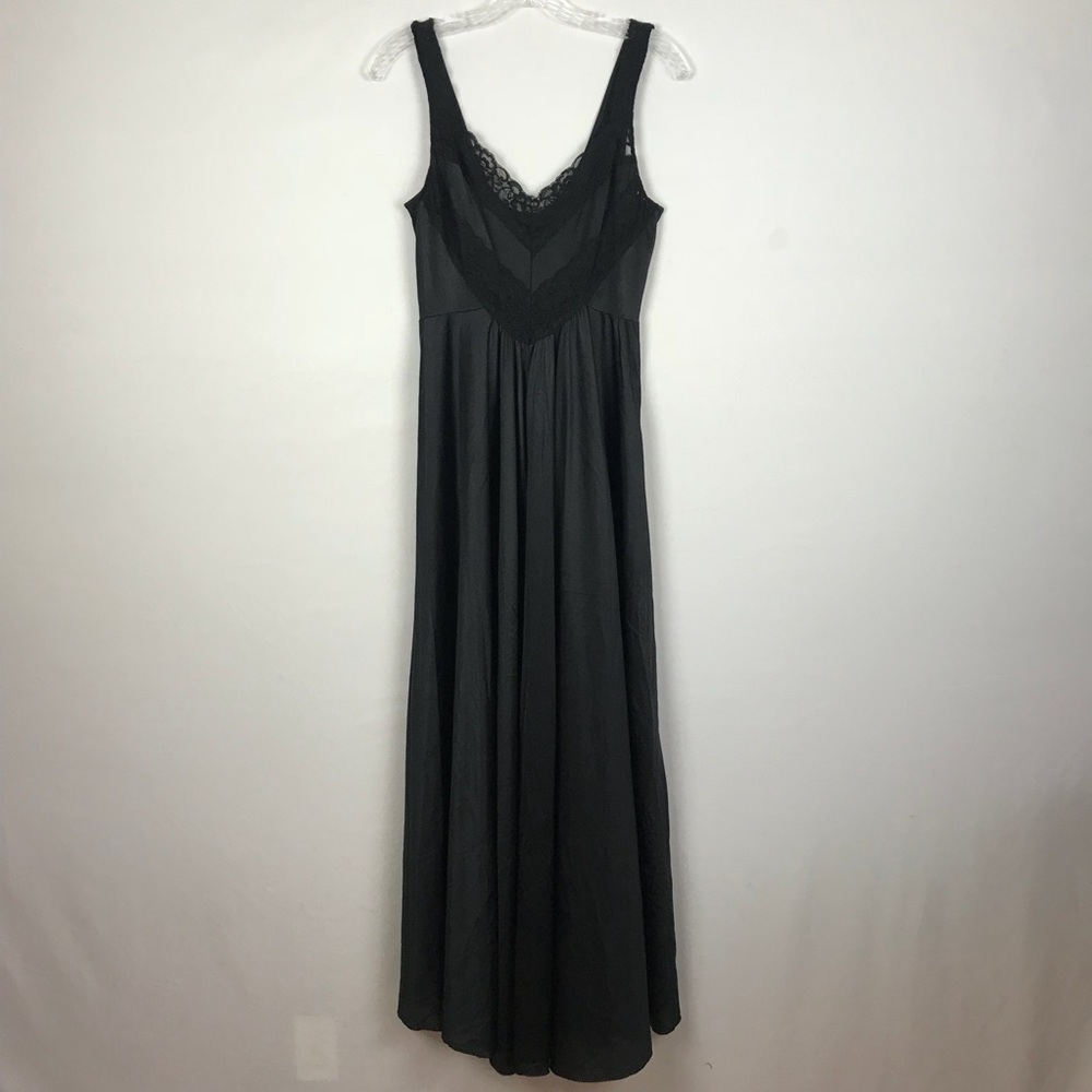 Long Silky Black Nightgown with Lace Detail